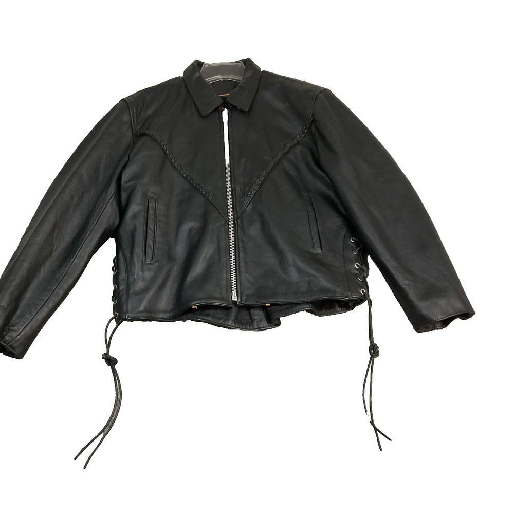 Interstate Leather Braid Trim Side Lacing Lined Black Bad*ss Motorcycle Jacket M